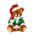 Załaduj obraz do przeglądarki galerii, Teddy bear in a green cub. Handmade Glass Christmas ornament. 2020-197