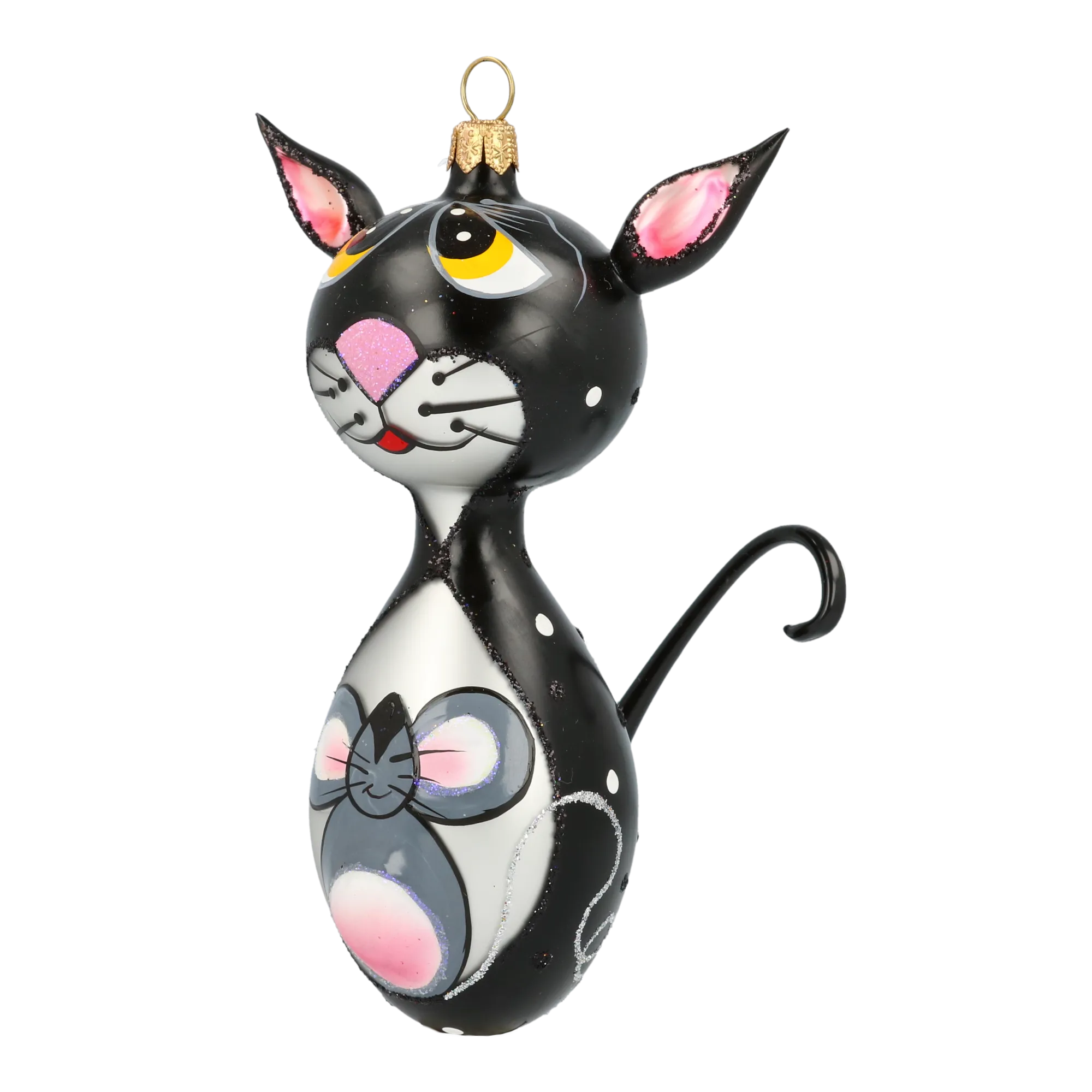 Cat and Mouse. Handmade Glass Christmas ornament. 2020-018