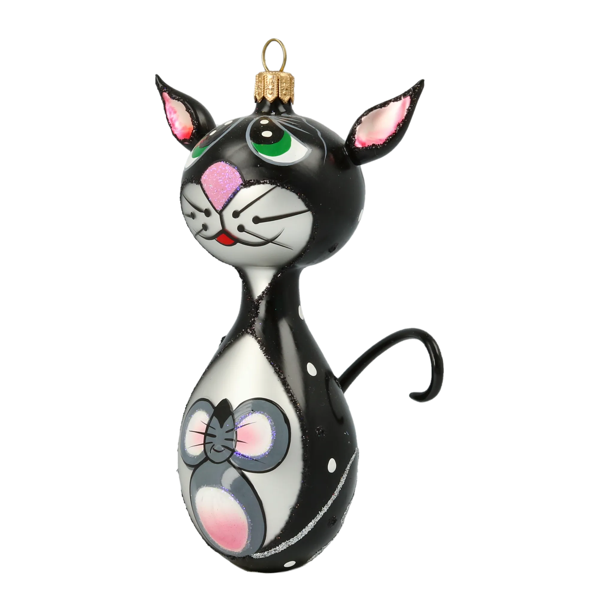 Christmas Ornament - Black Cat with Mouse. Handmade Glass Christmas ornament. 2020-019