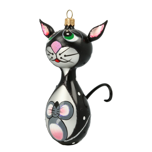 Christmas Ornament - Black Cat with Mouse. Handmade Glass Christmas ornament. 2020-019
