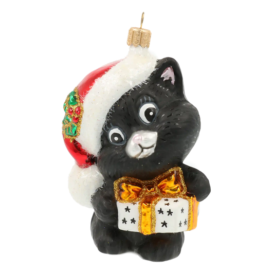 Czarny Kot z prezentem Szklana Ozdoba Kotek w czapce