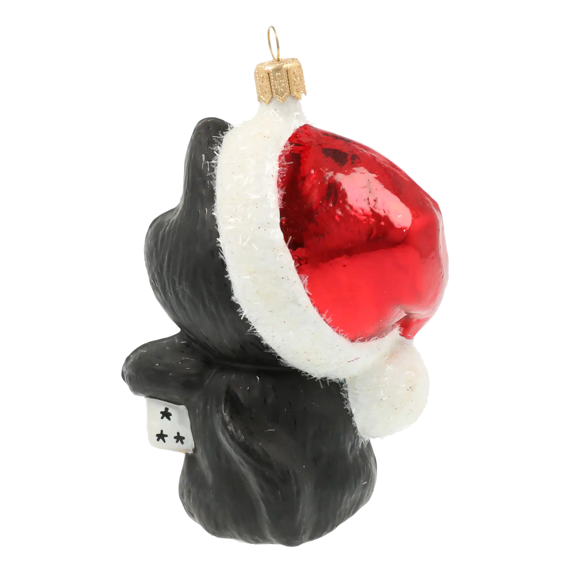 Czarny Kot z prezentem Szklana Ozdoba Kotek w czapce