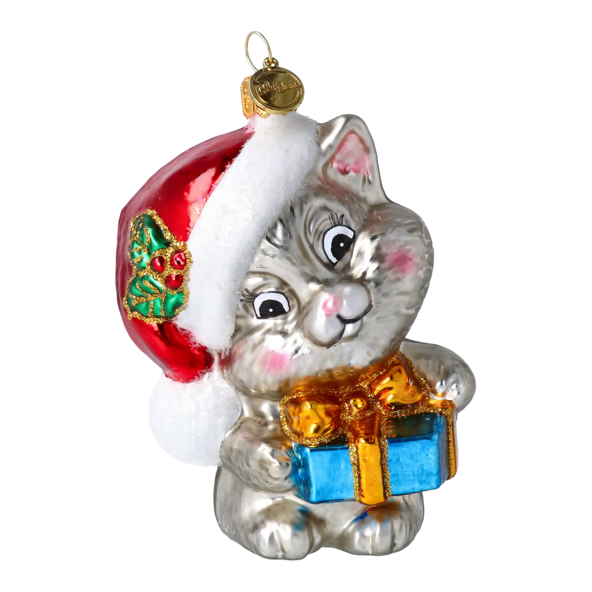 Kotek Mikołaj z prezentem Szklana Ozdoba Kot