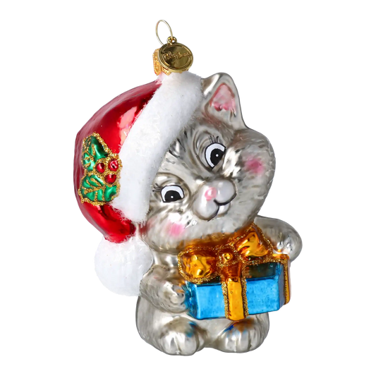 Kotek Mikołaj z prezentem Szklana Ozdoba Kot