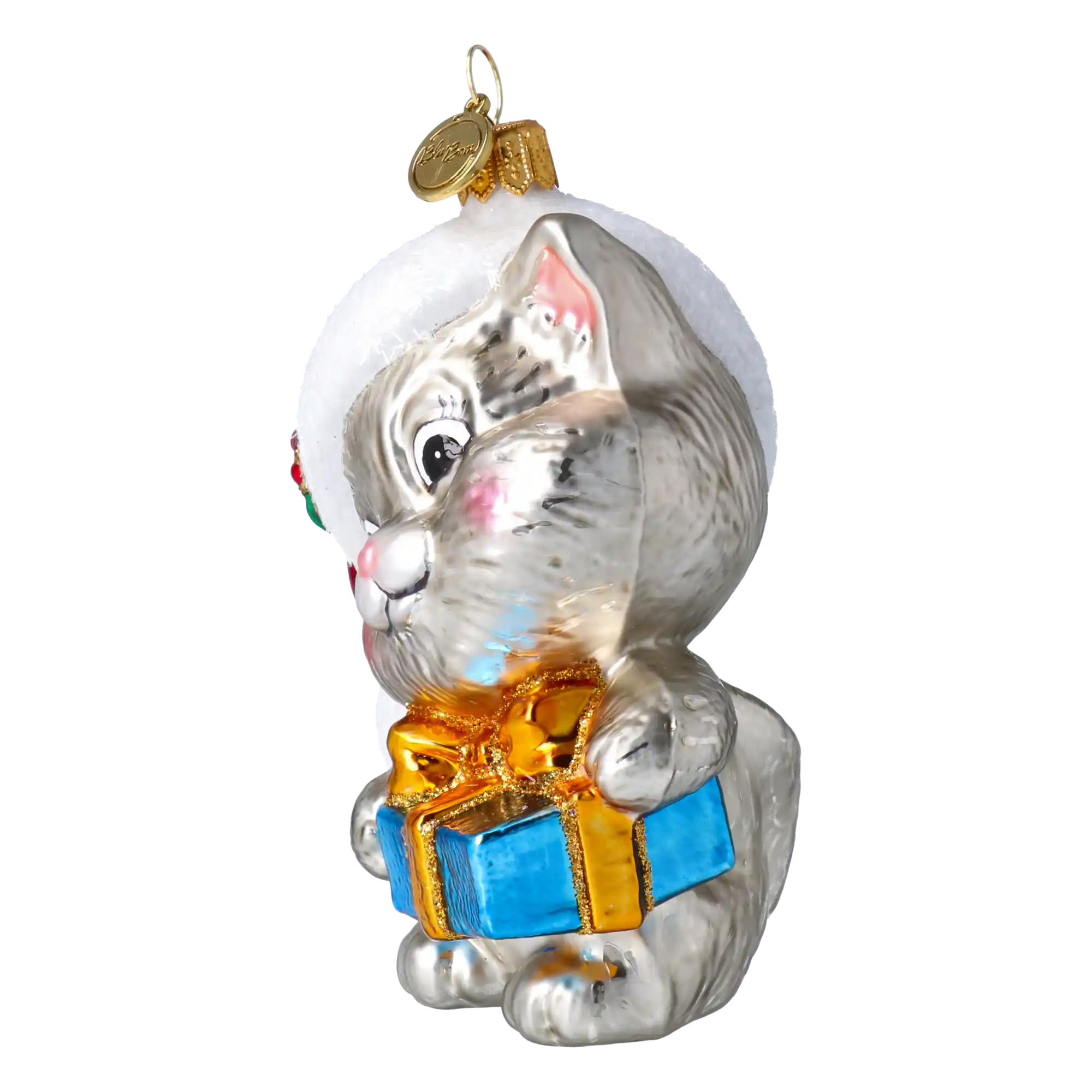 Kotek Mikołaj z prezentem Szklana Ozdoba Kot