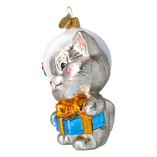 Kotek Mikołaj z prezentem Szklana Ozdoba Kot