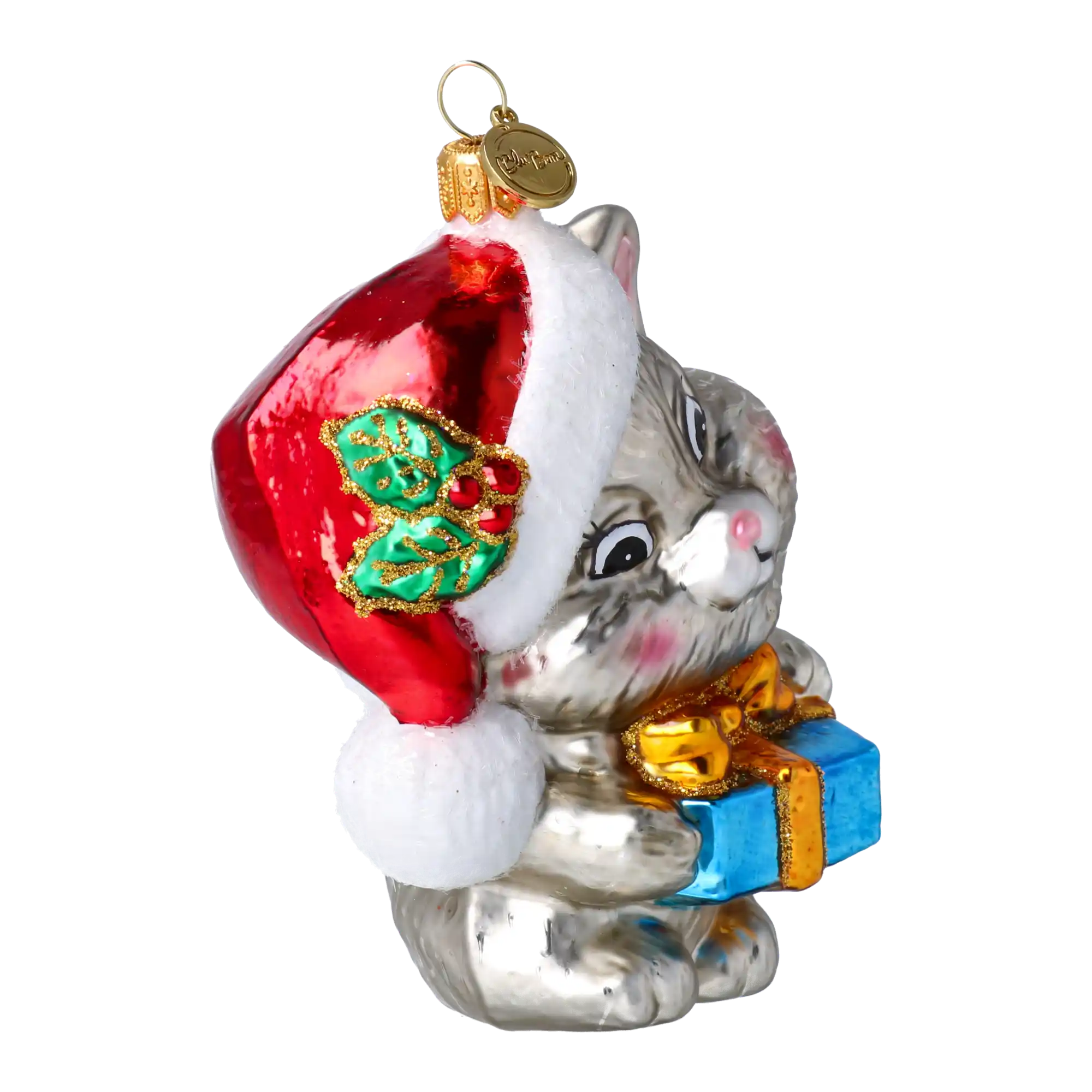 Kotek Mikołaj z prezentem Szklana Ozdoba Kot