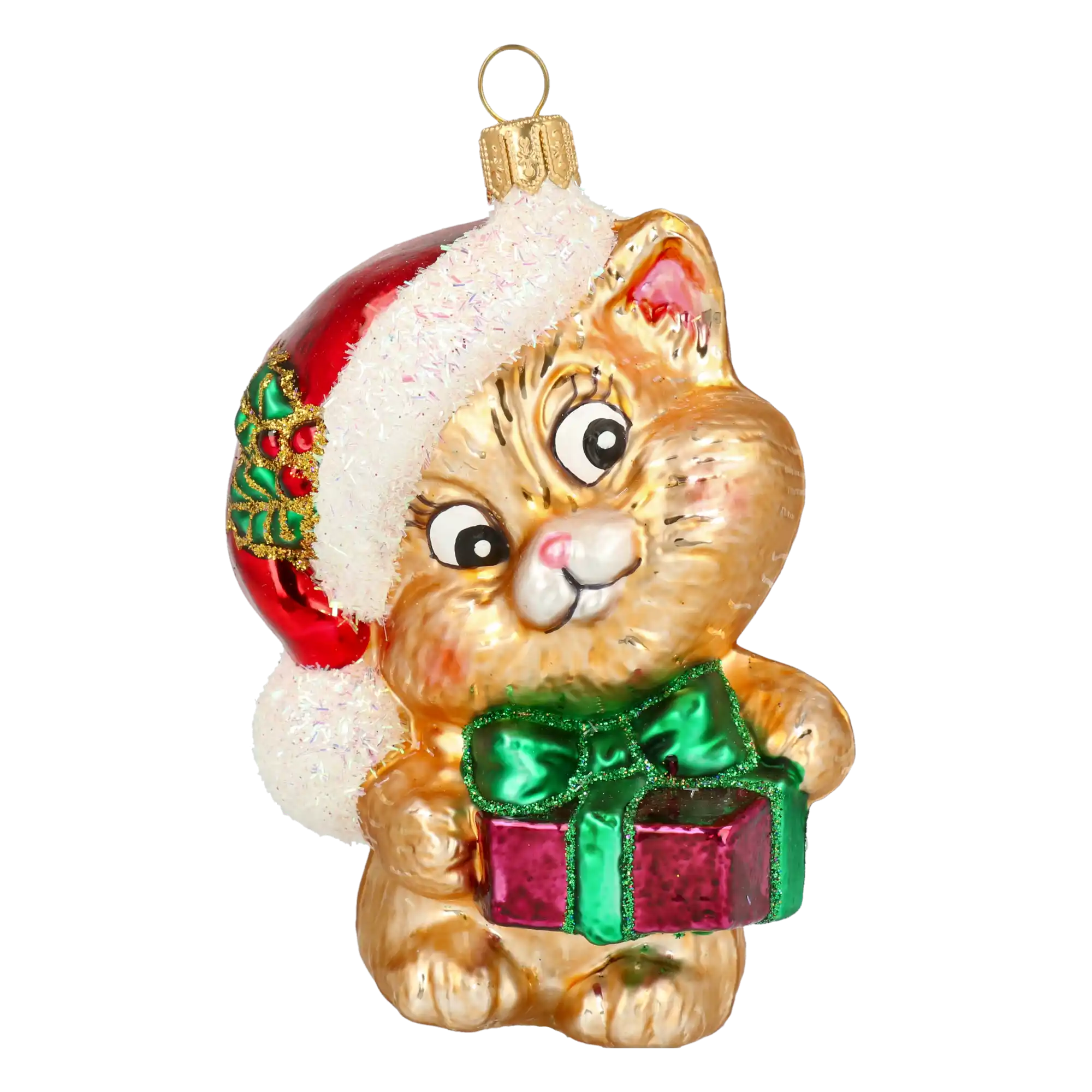 Kot z prezentem Szklana Ozdoba Kotek w czapce Mikołaja