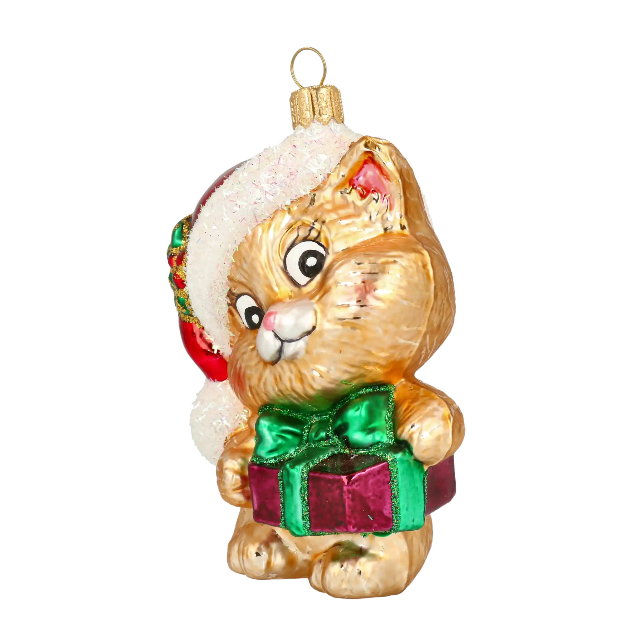 Kot z prezentem Szklana Ozdoba Kotek w czapce Mikołaja