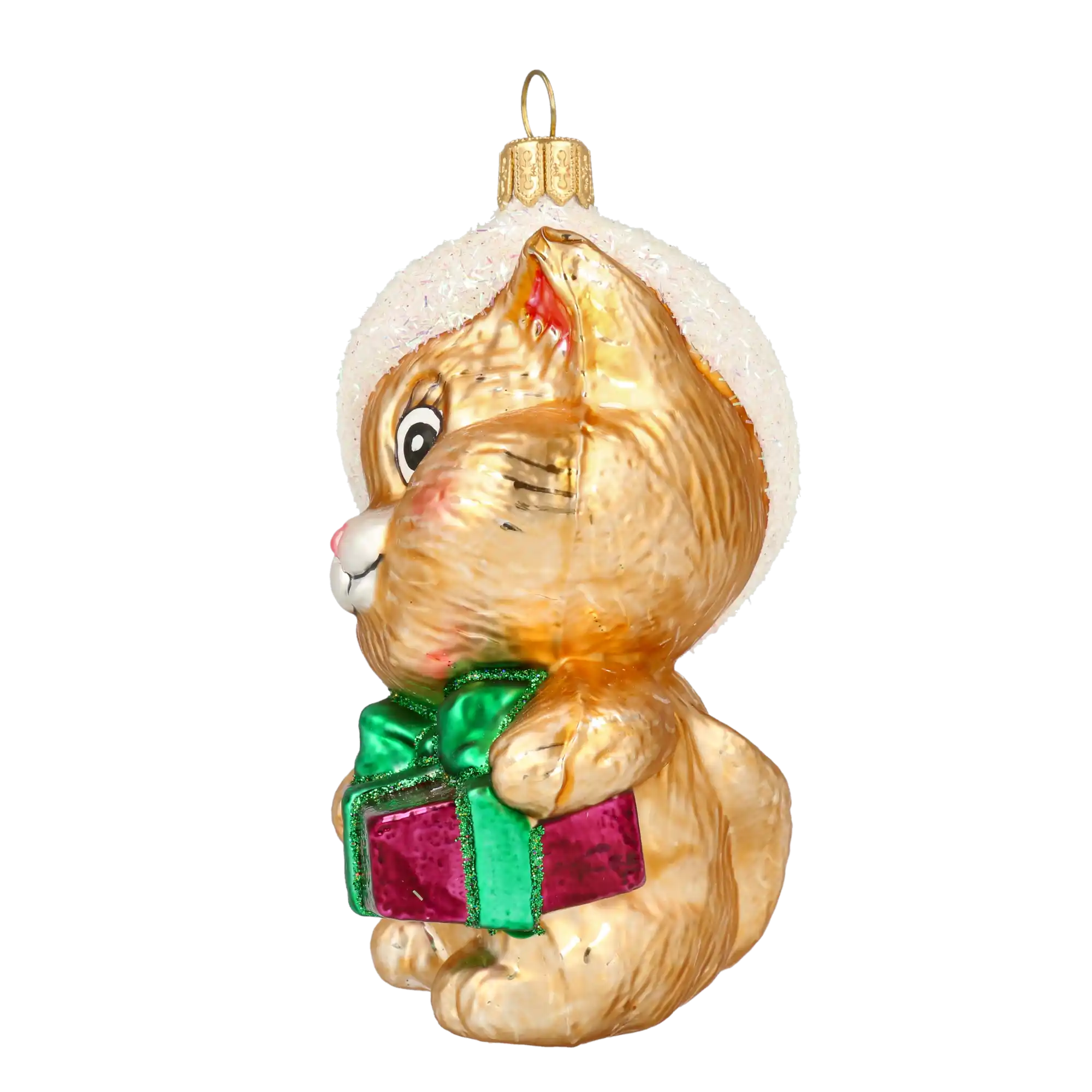 Kot z prezentem Szklana Ozdoba Kotek w czapce Mikołaja