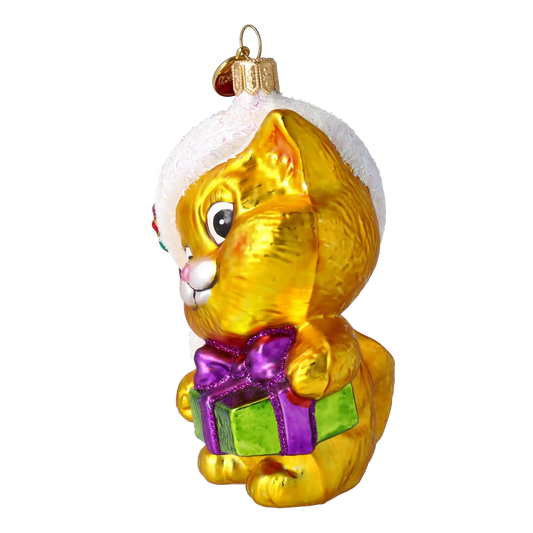 Złoty Kot z prezentem Szklana Ozdoba Kotek