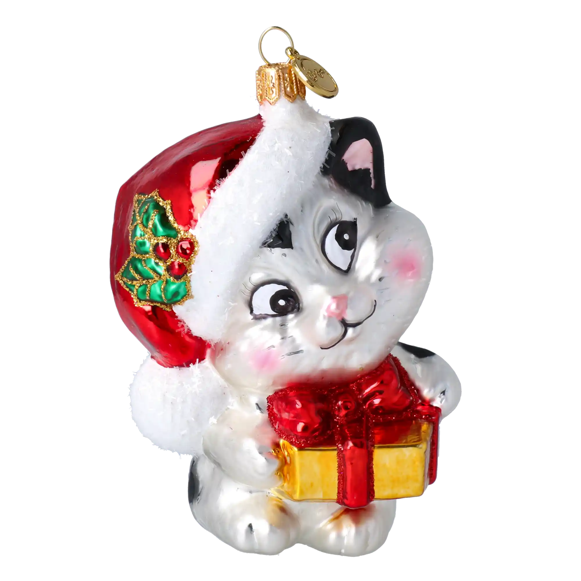 Kot z prezentem Szklana Ozdoba Kotek Łatka w czapce Mikołaja