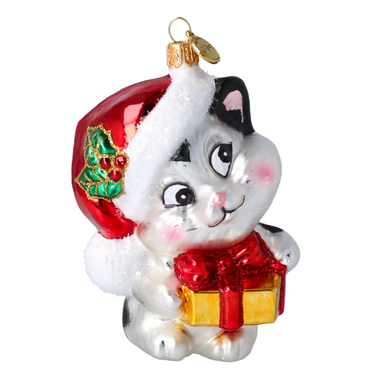 Kot z prezentem Szklana Ozdoba Kotek Łatka w czapce Mikołaja
