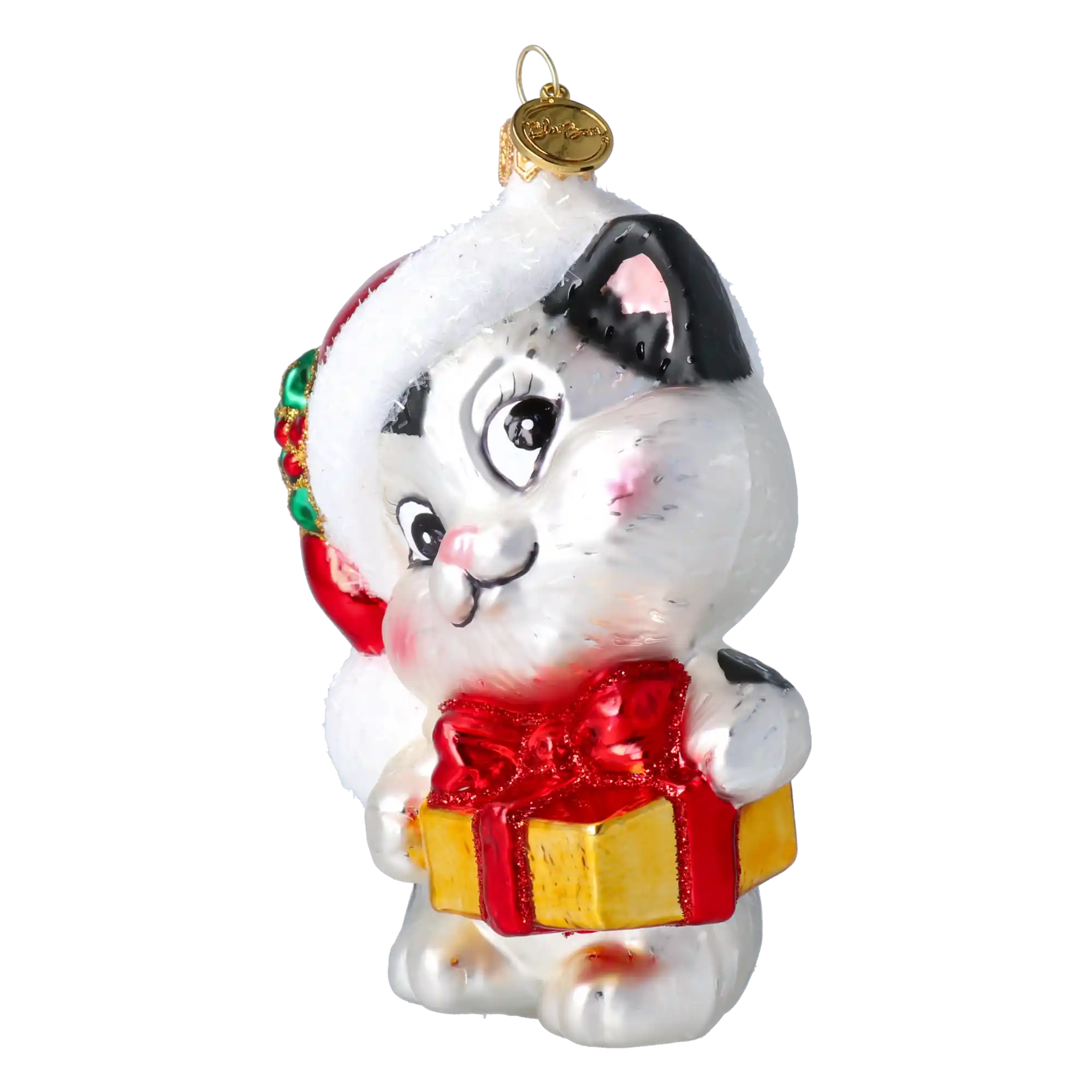 Kot z prezentem Szklana Ozdoba Kotek Łatka w czapce Mikołaja