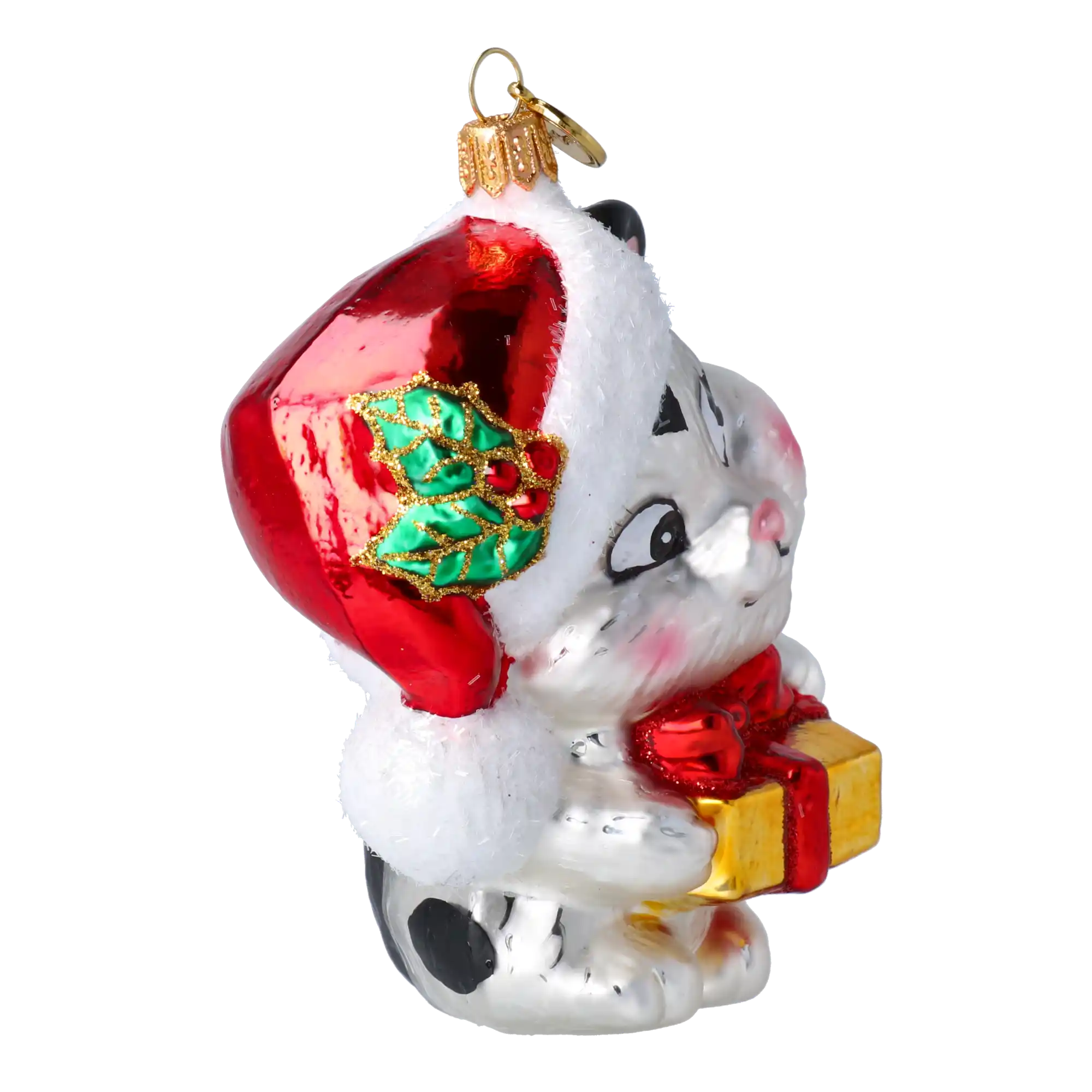 Kot z prezentem Szklana Ozdoba Kotek Łatka w czapce Mikołaja