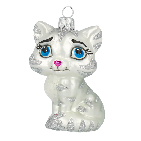 Kotek Srebrny Biały tygrysek Szklana Ozdoba Kot