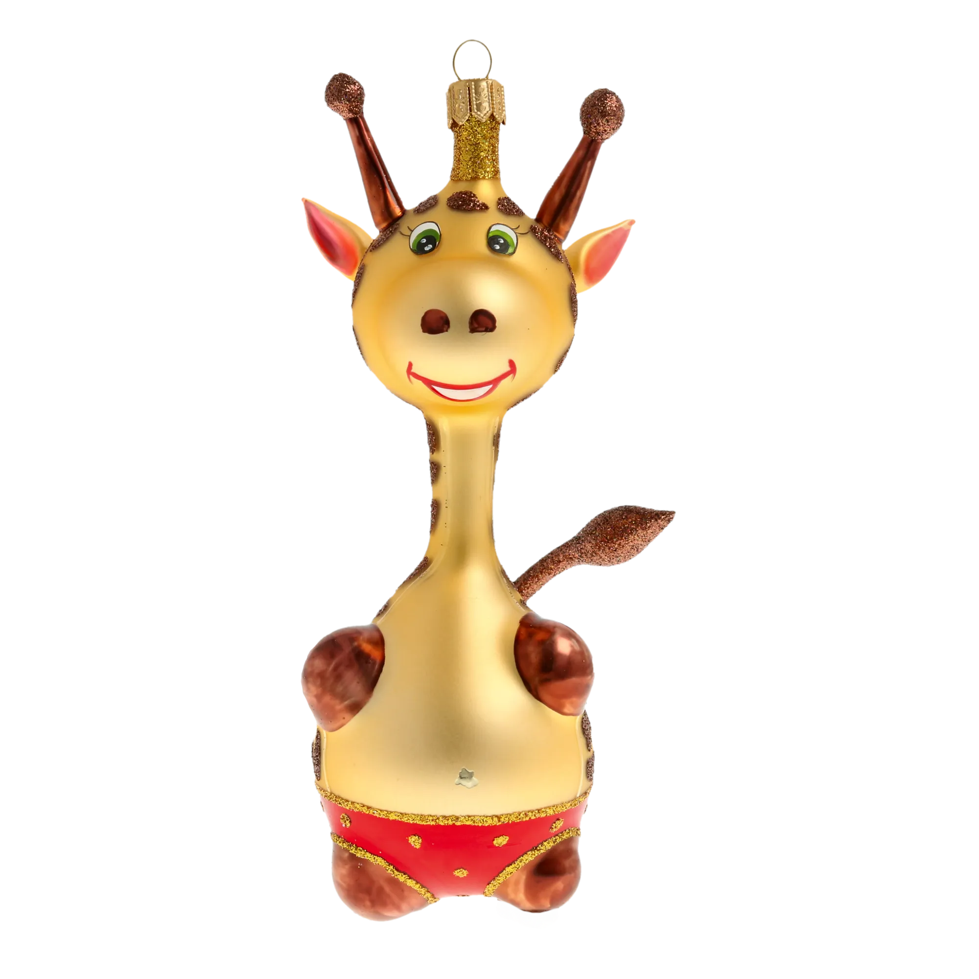 Giraffe in red shorts. Handmade Glass Christmas ornament. 2020-051