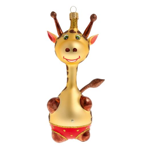 Giraffe in red shorts. Handmade Glass Christmas ornament. 2020-051