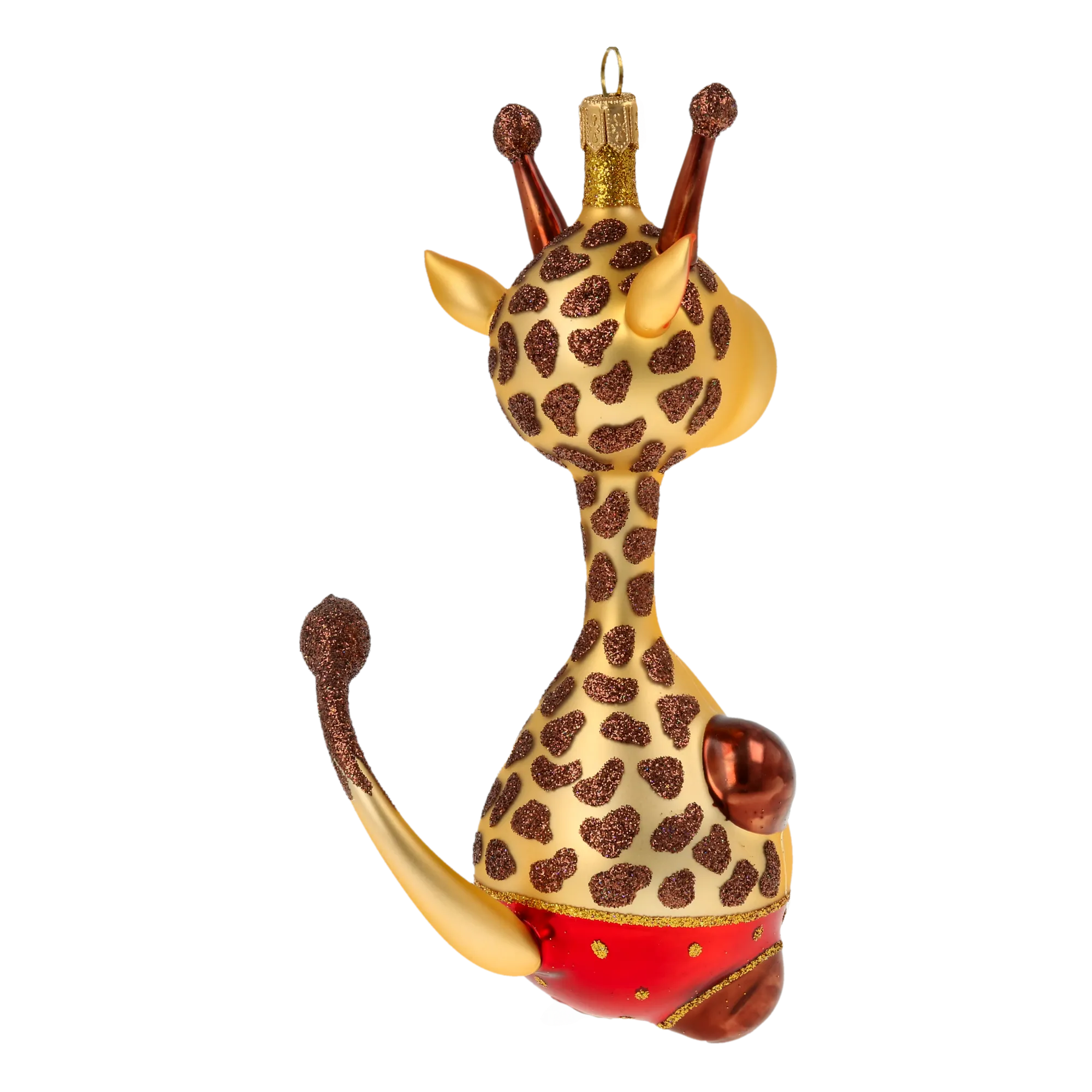 Giraffe in red shorts. Handmade Glass Christmas ornament. 2020-051