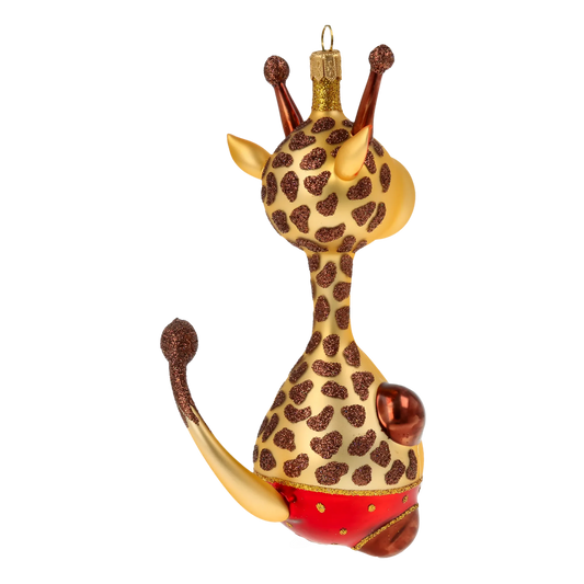 Giraffe in red shorts. Handmade Glass Christmas ornament. 2020-051