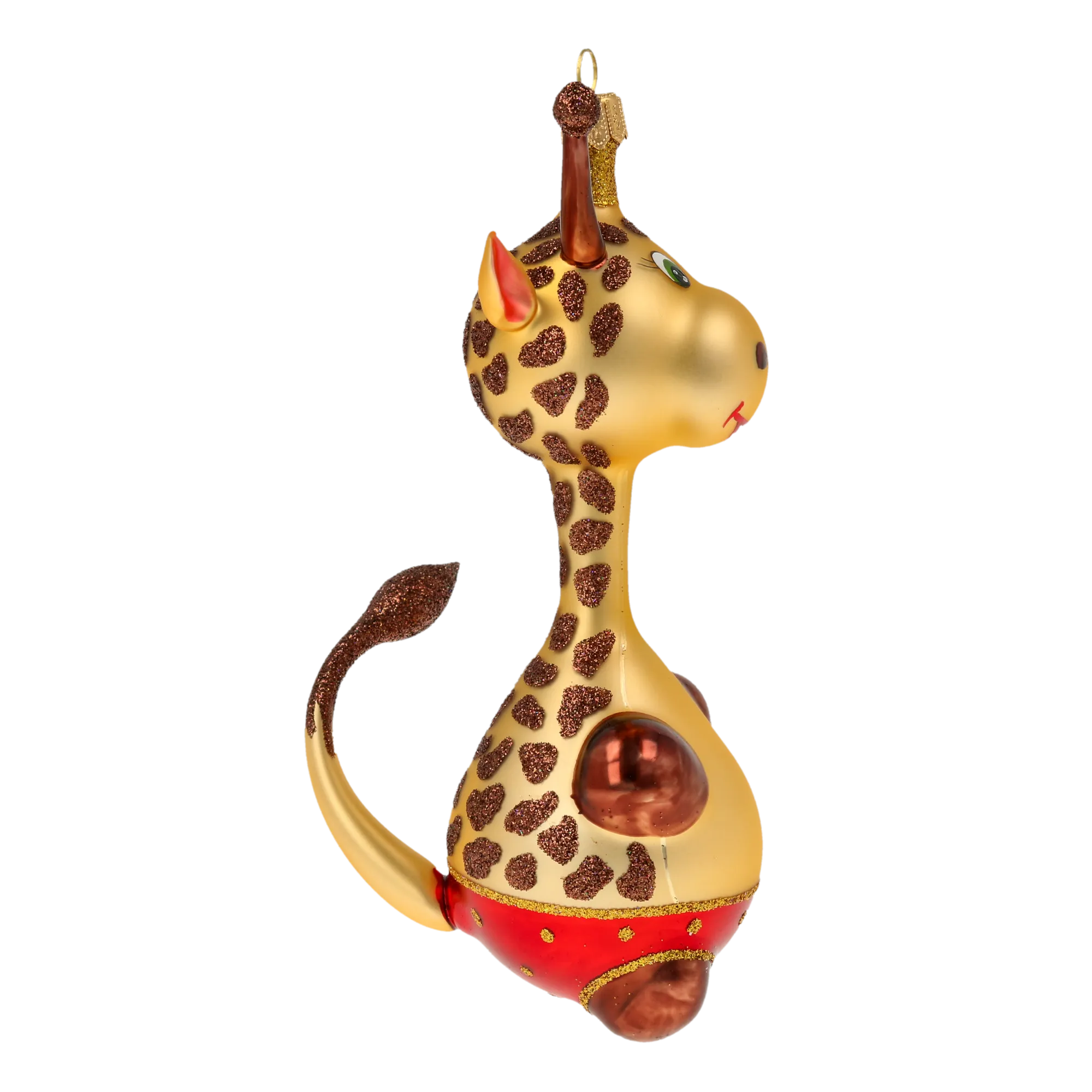 Giraffe in red shorts. Handmade Glass Christmas ornament. 2020-051