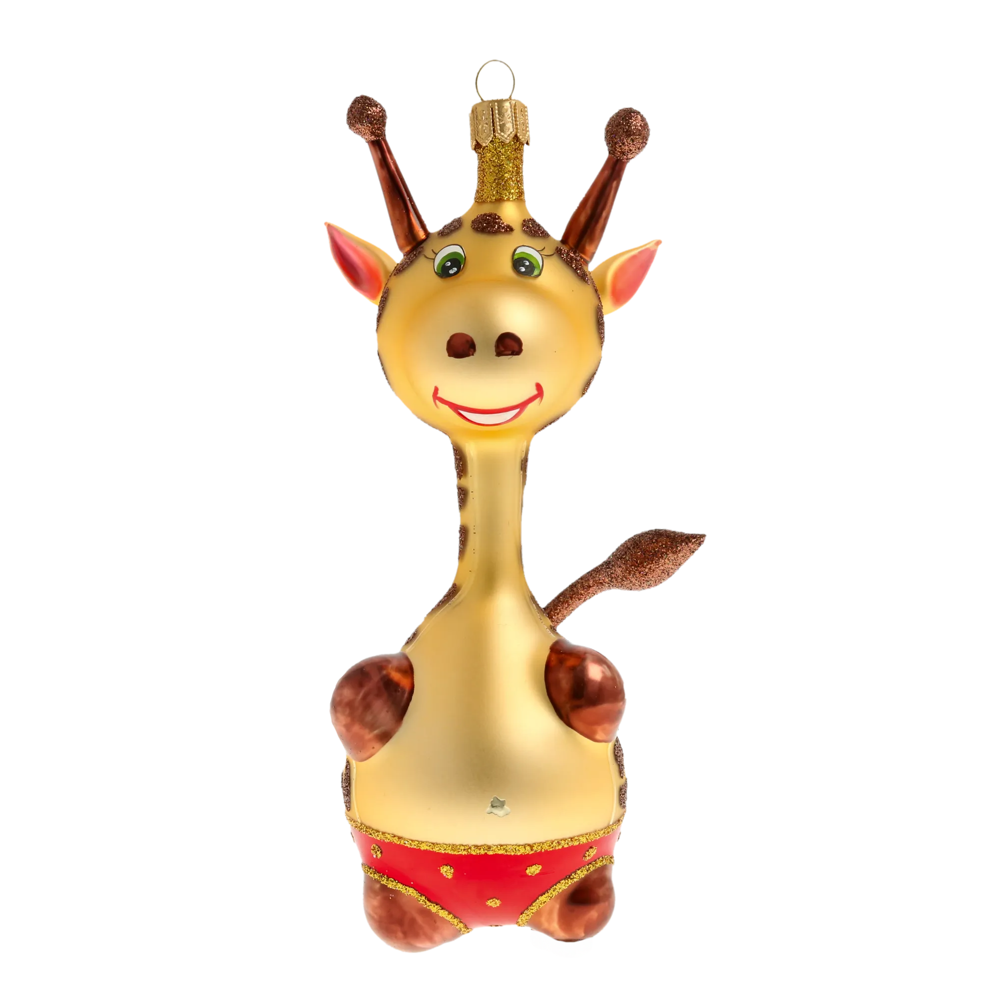 Giraffe in red shorts. Handmade Glass Christmas ornament. 2020-051