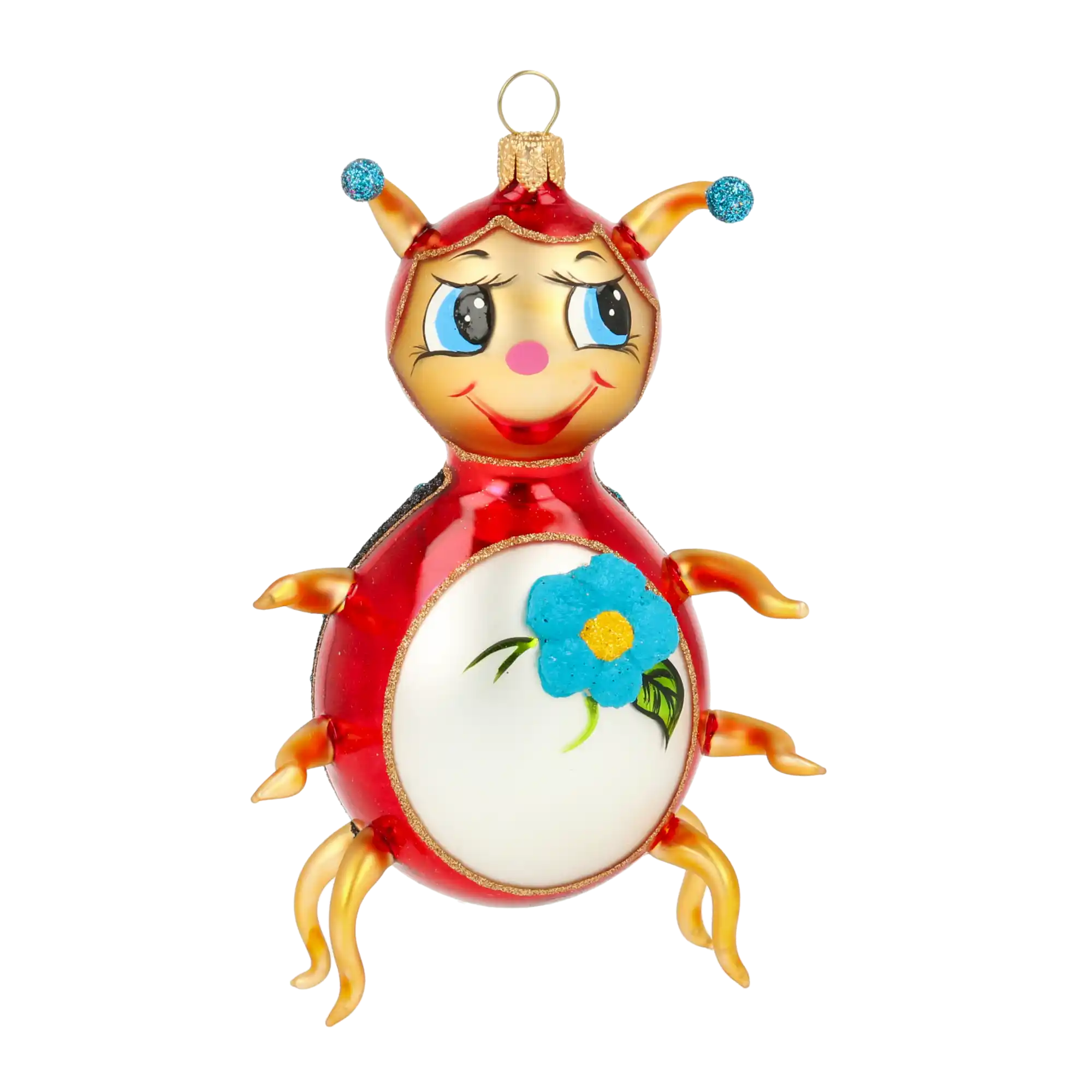 Urocza Biedronka z błękitnym kwiatem Szklana Ozdoba