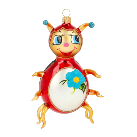 Urocza Biedronka z błękitnym kwiatem Szklana Ozdoba