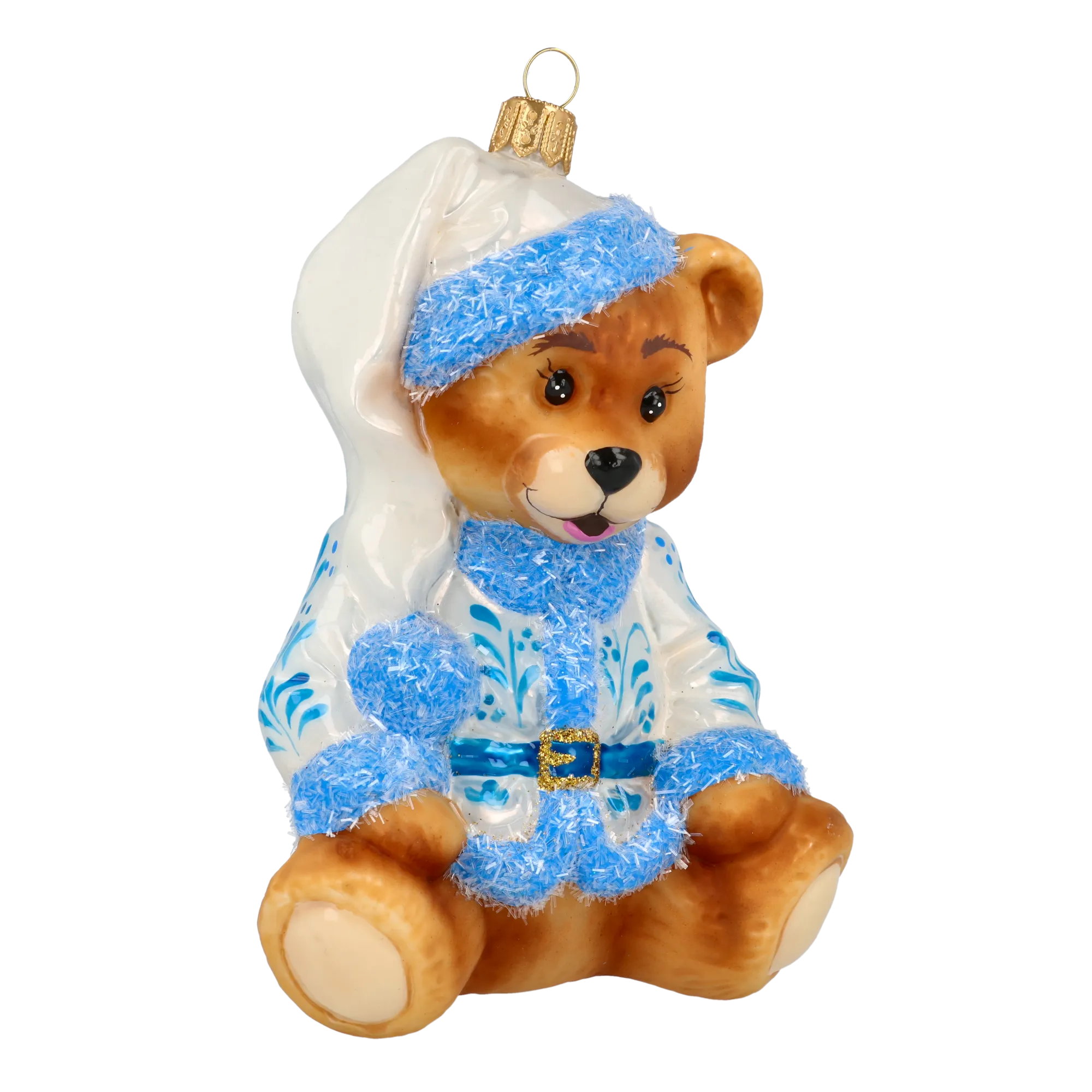 Teddy bear with a folk motif. Handmade Glass Christmas ornament. 2020-194