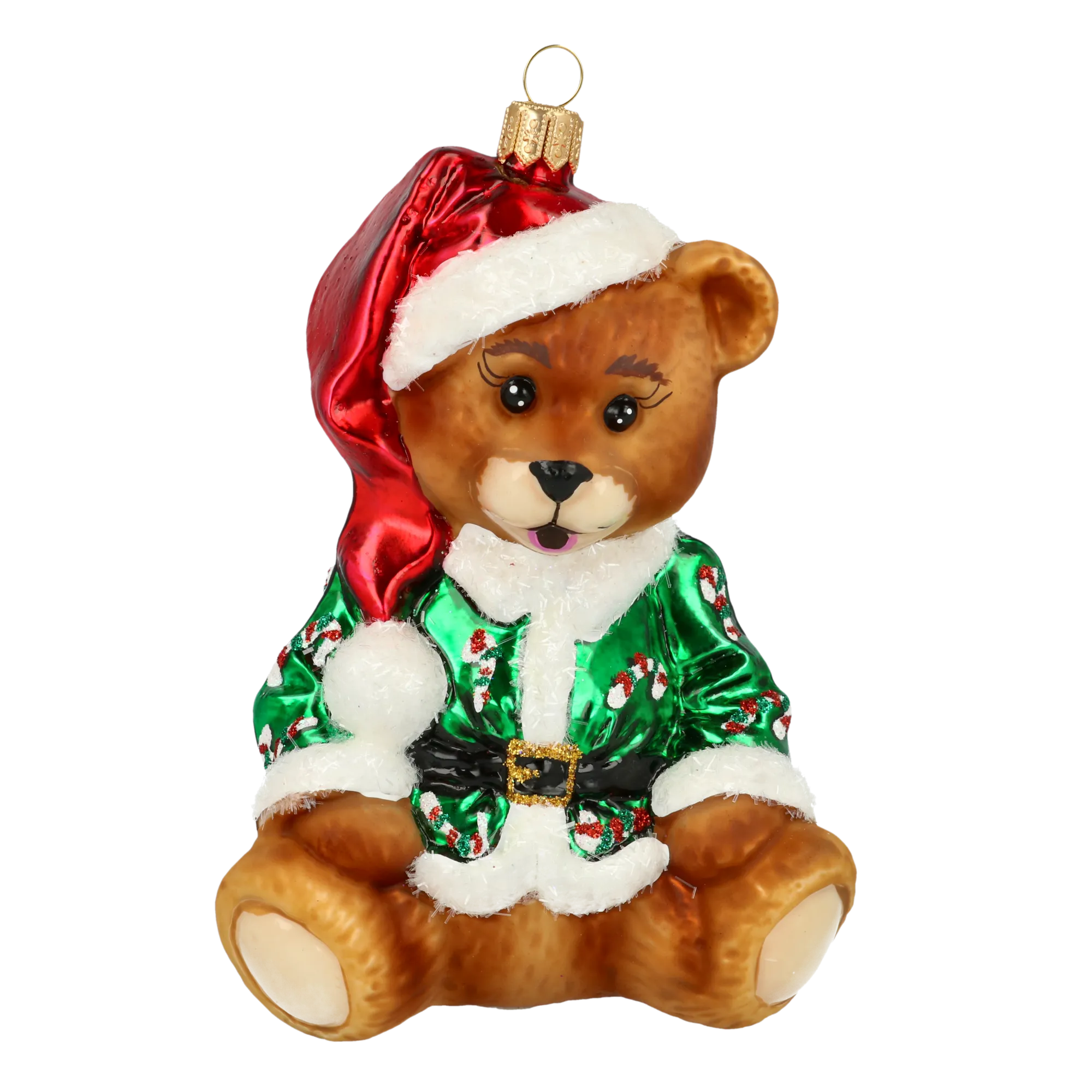 Teddy bear in a green cub. Handmade Glass Christmas ornament. 2020-197