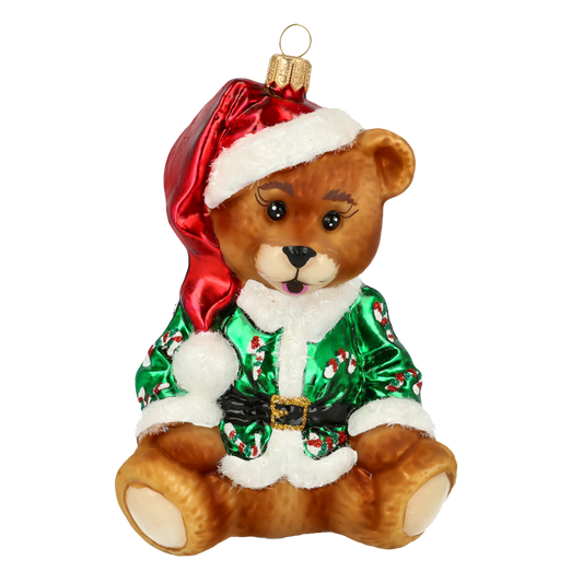 Teddy bear in a green cub. Handmade Glass Christmas ornament. 2020-197