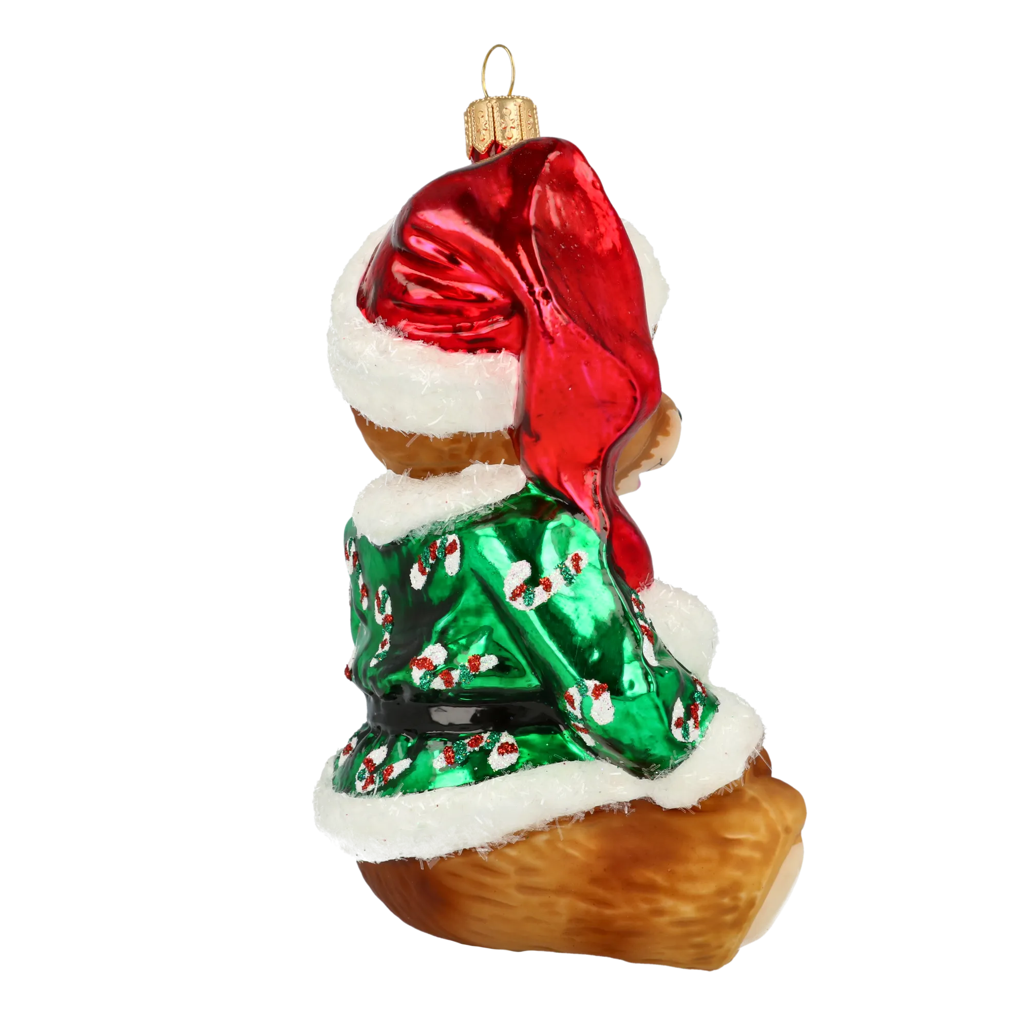 Teddy bear in a green cub. Handmade Glass Christmas ornament. 2020-197