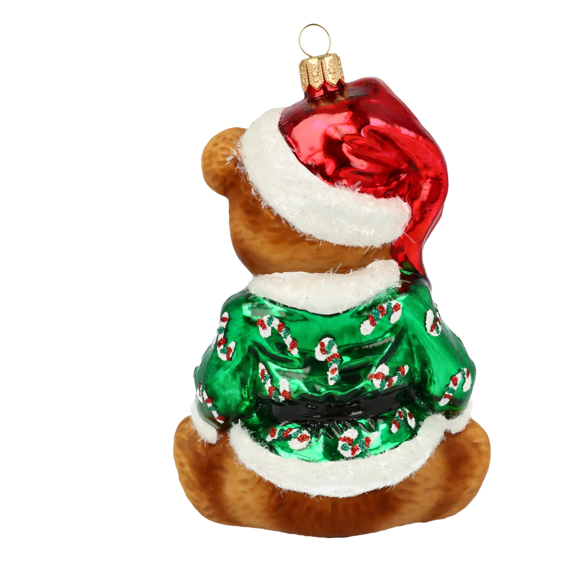 Teddy bear in a green cub. Handmade Glass Christmas ornament. 2020-197