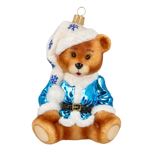 Teddy bear with snowflakes. Handmade Glass Christmas ornament. 2020-198