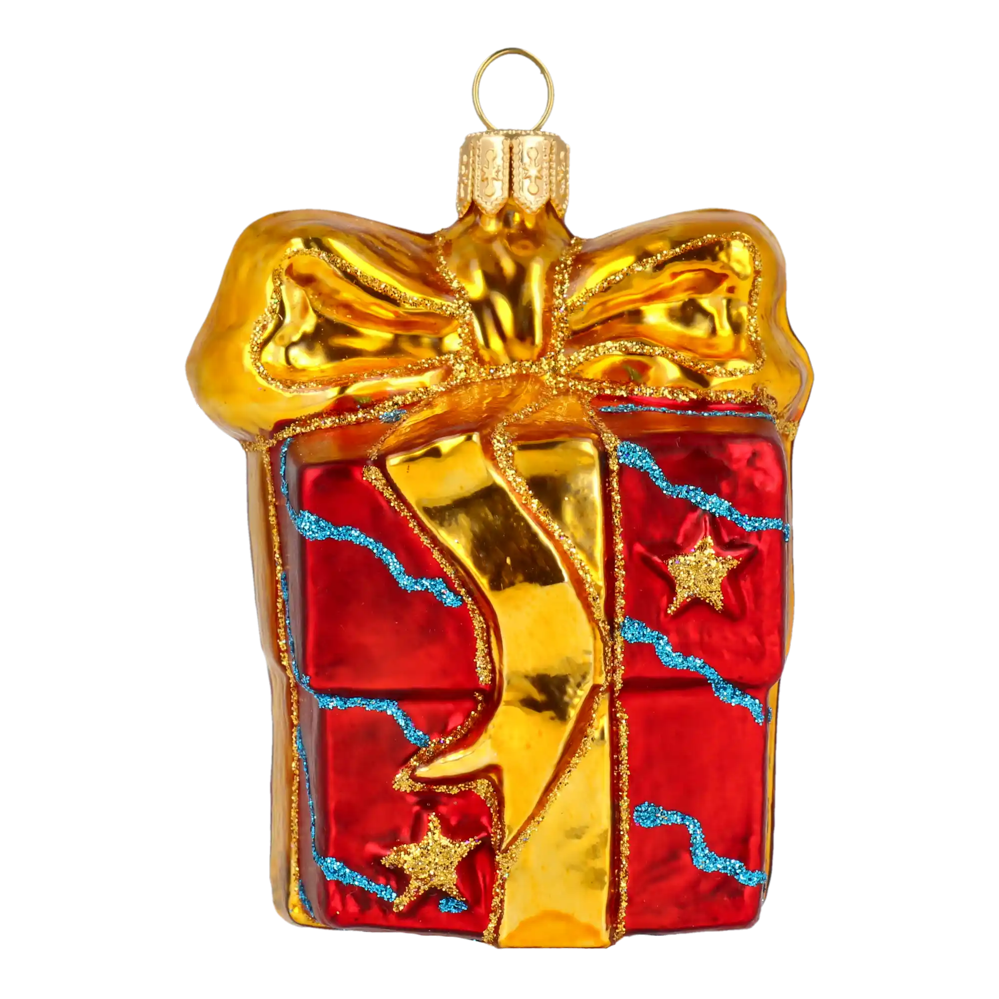 Tajemniczy upominek ze złotą kokardą szklana ozdoba bombka prezent