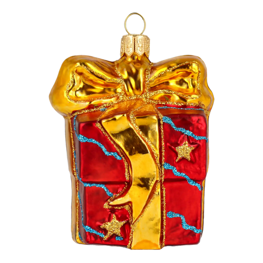 Tajemniczy upominek ze złotą kokardą szklana ozdoba bombka prezent