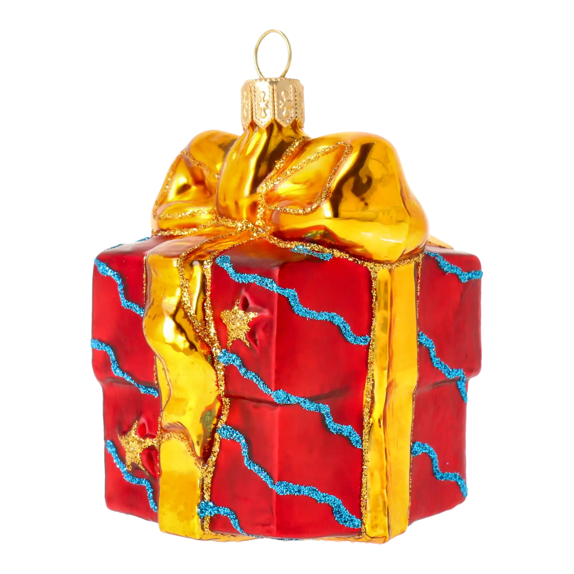 Tajemniczy upominek ze złotą kokardą szklana ozdoba bombka prezent