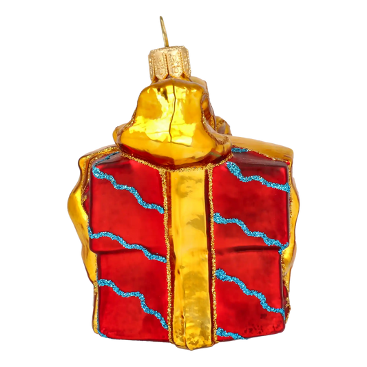 Tajemniczy upominek ze złotą kokardą szklana ozdoba bombka prezent