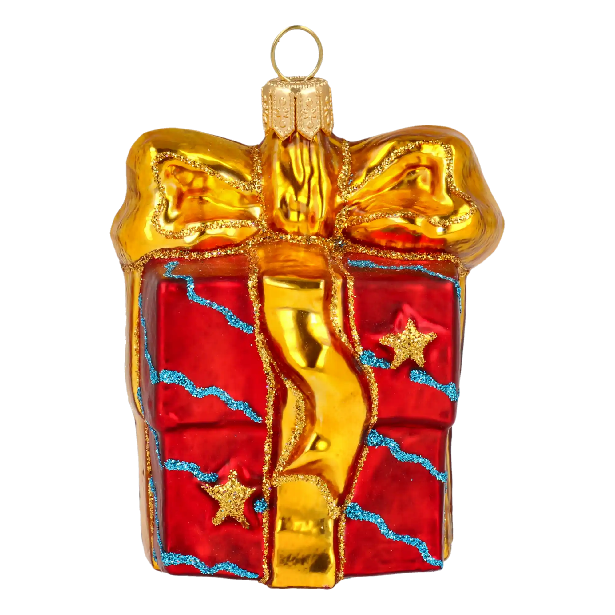 Tajemniczy upominek ze złotą kokardą szklana ozdoba bombka prezent