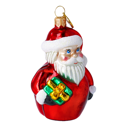 Mały Mikołajek z prezentem Szklana Ozdoba