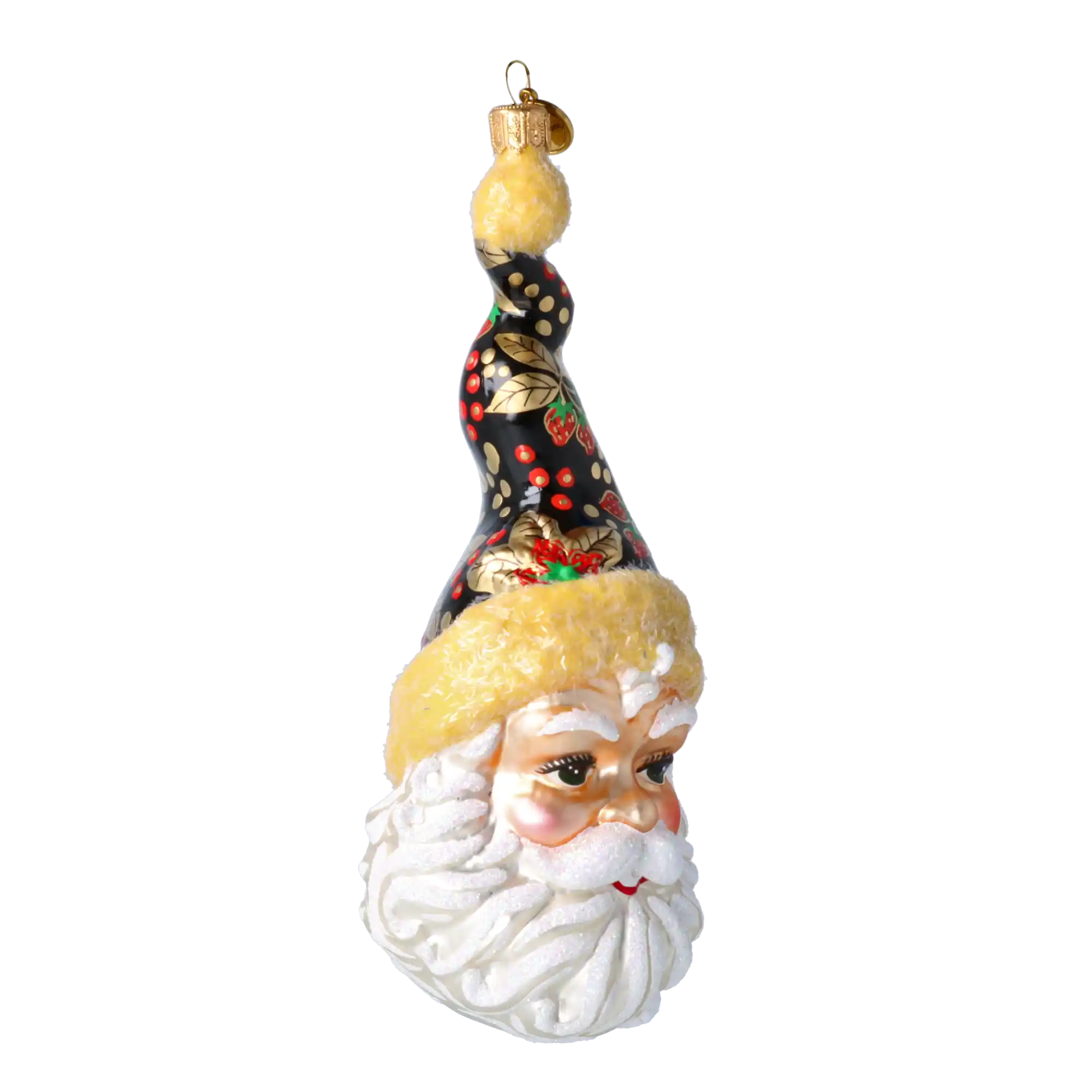 Mikołaj W Kręconej Czapce w truskawki Szklana Ozdoba