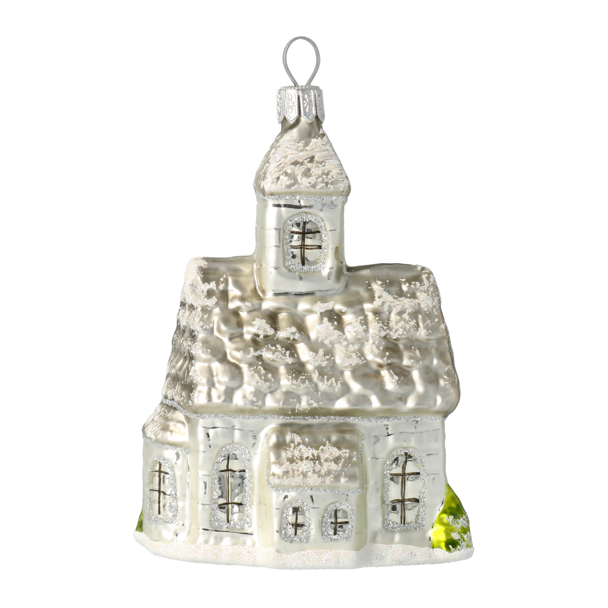 Srebrny Ośnieżony Kościół Szklana Ozdoba