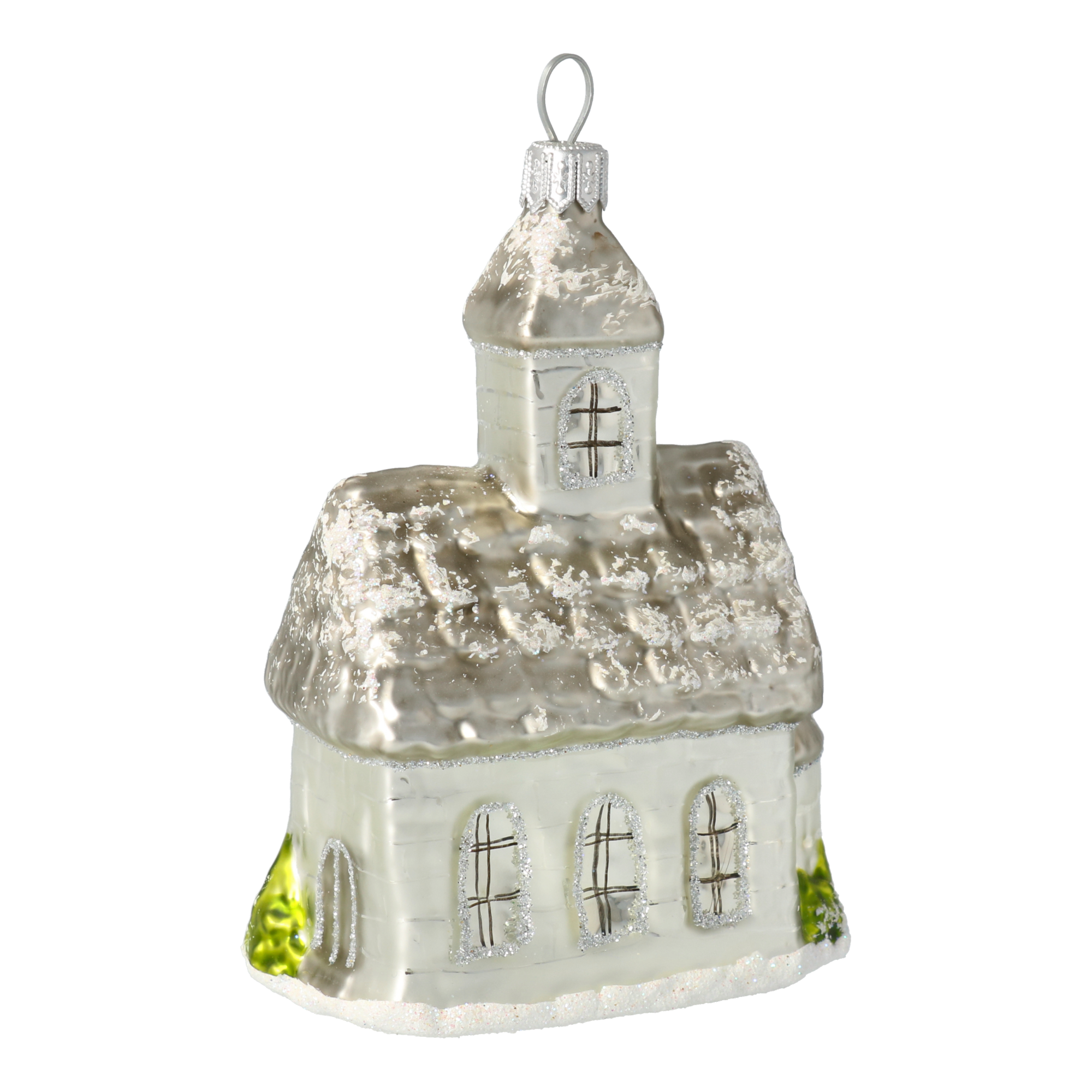 Srebrny Ośnieżony Kościół Szklana Ozdoba