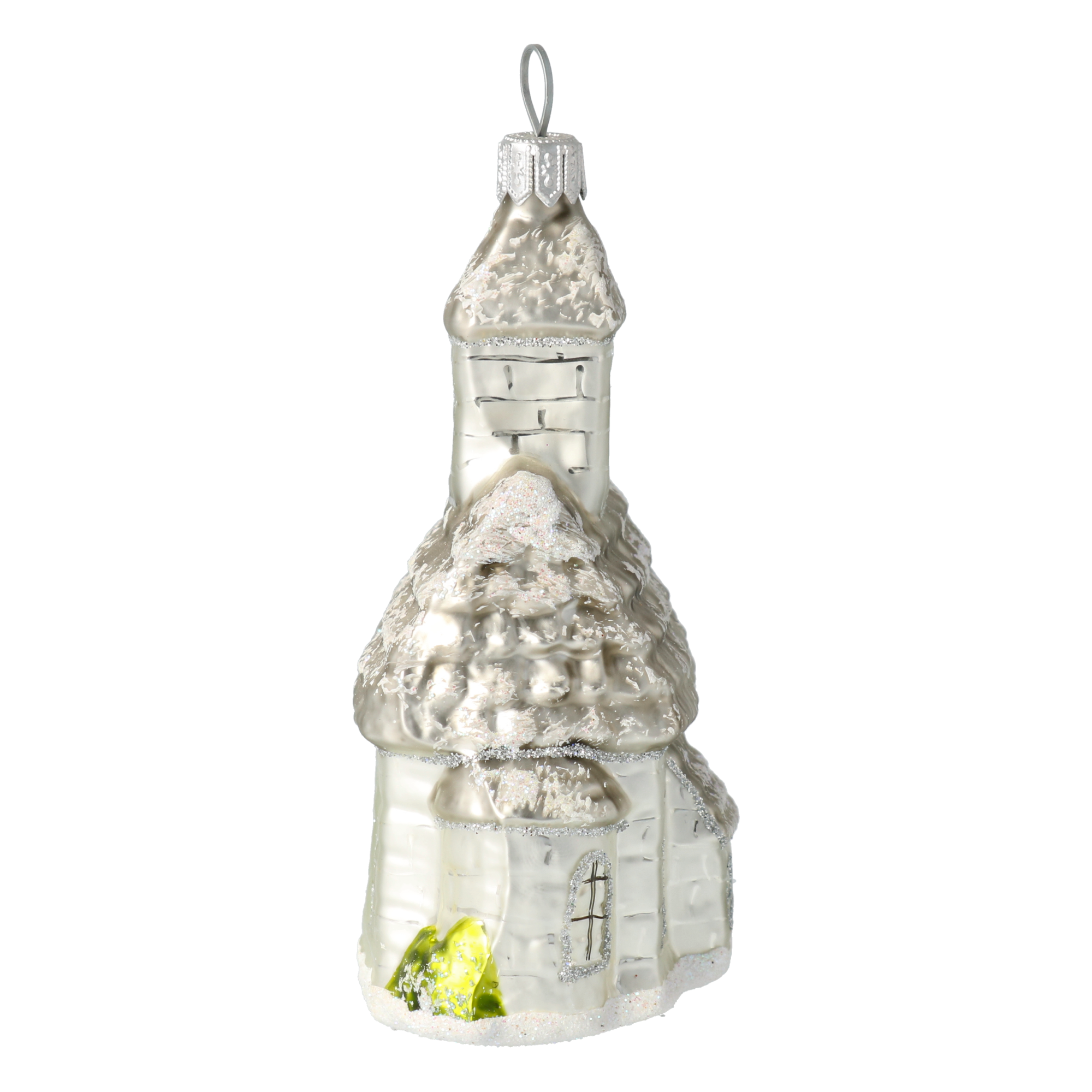 Srebrny Ośnieżony Kościół Szklana Ozdoba