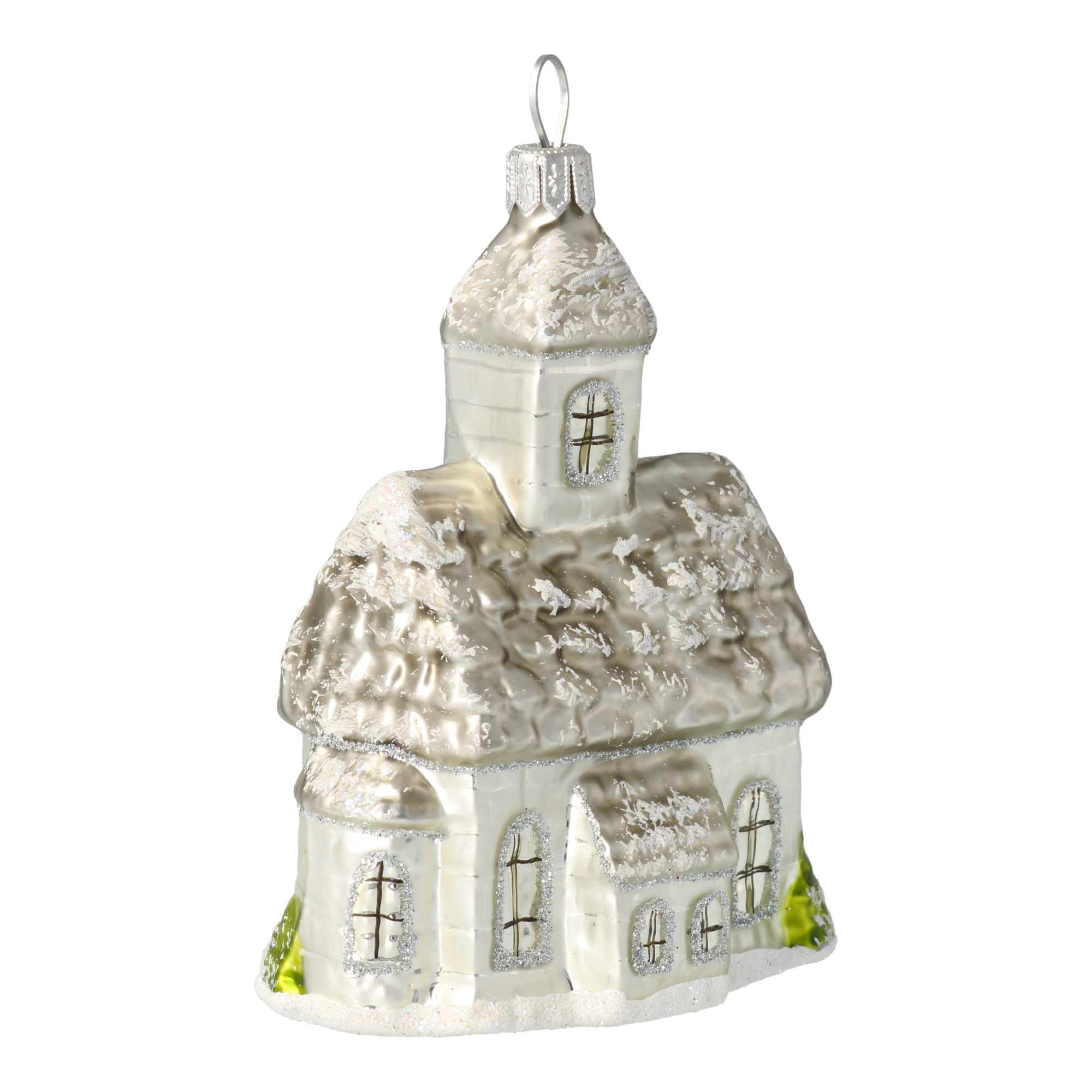 Srebrny Ośnieżony Kościół Szklana Ozdoba