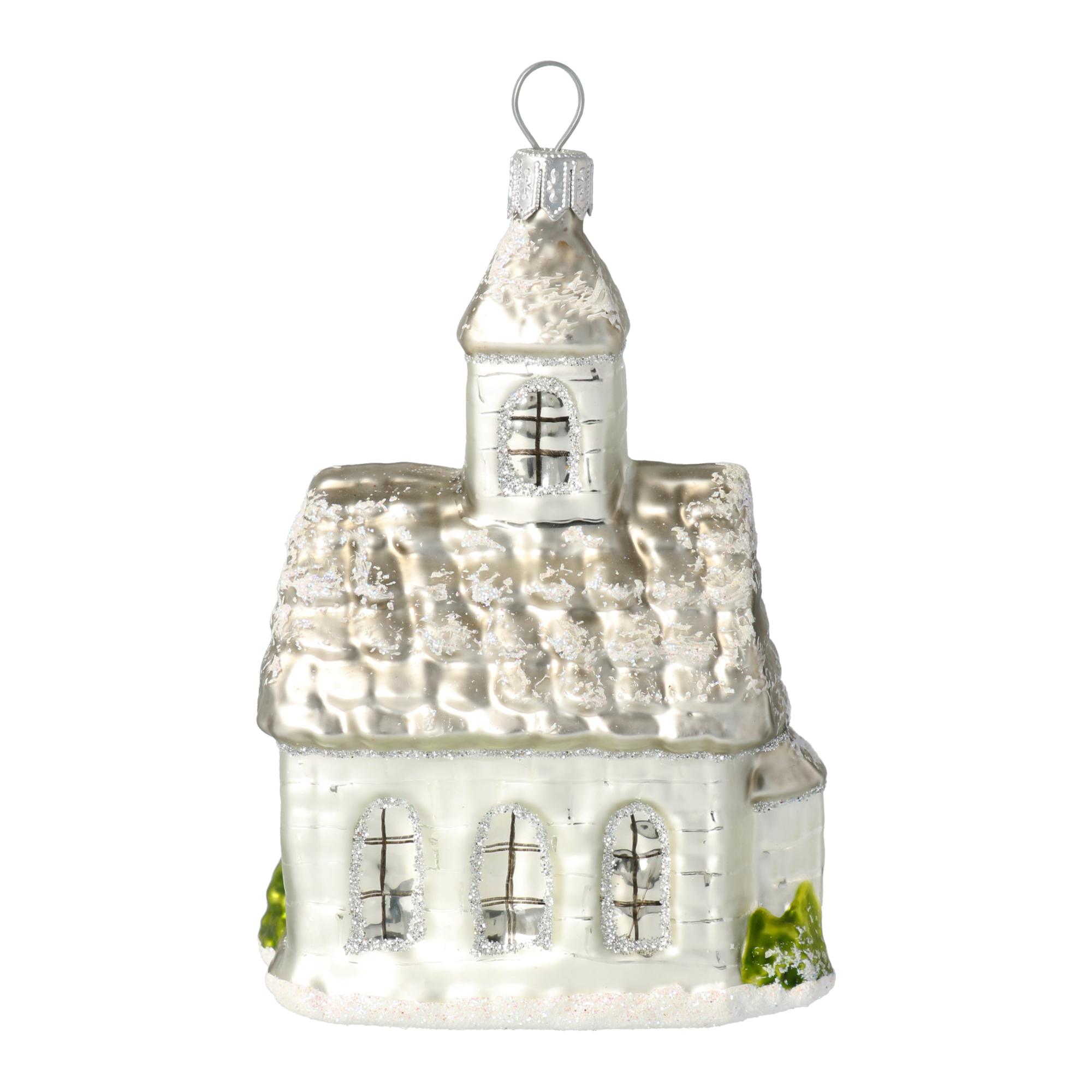 Srebrny Ośnieżony Kościół Szklana Ozdoba