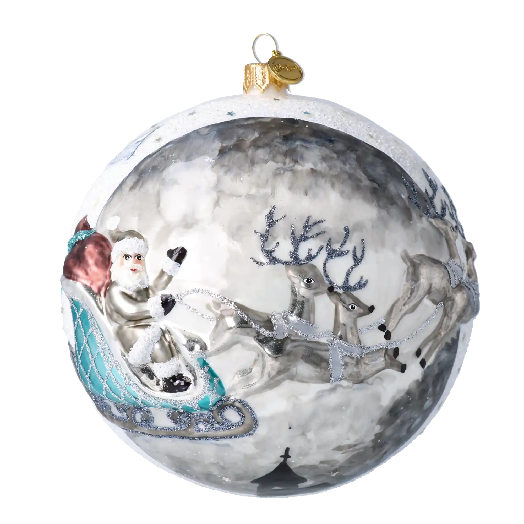 Srebrna zima Mikołaj Z Reniferami Szklana Ozdoba