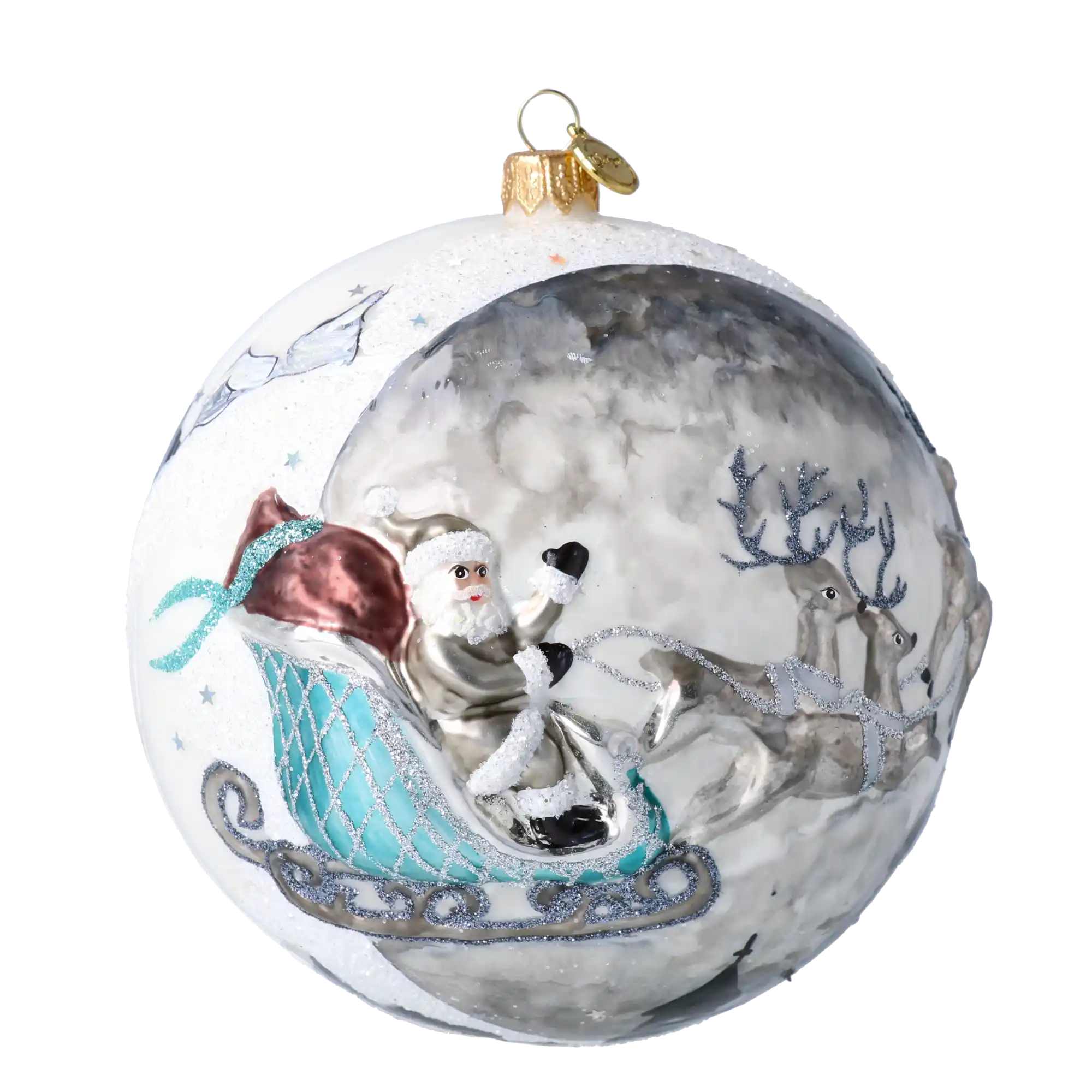 Srebrna zima Mikołaj Z Reniferami Szklana Ozdoba