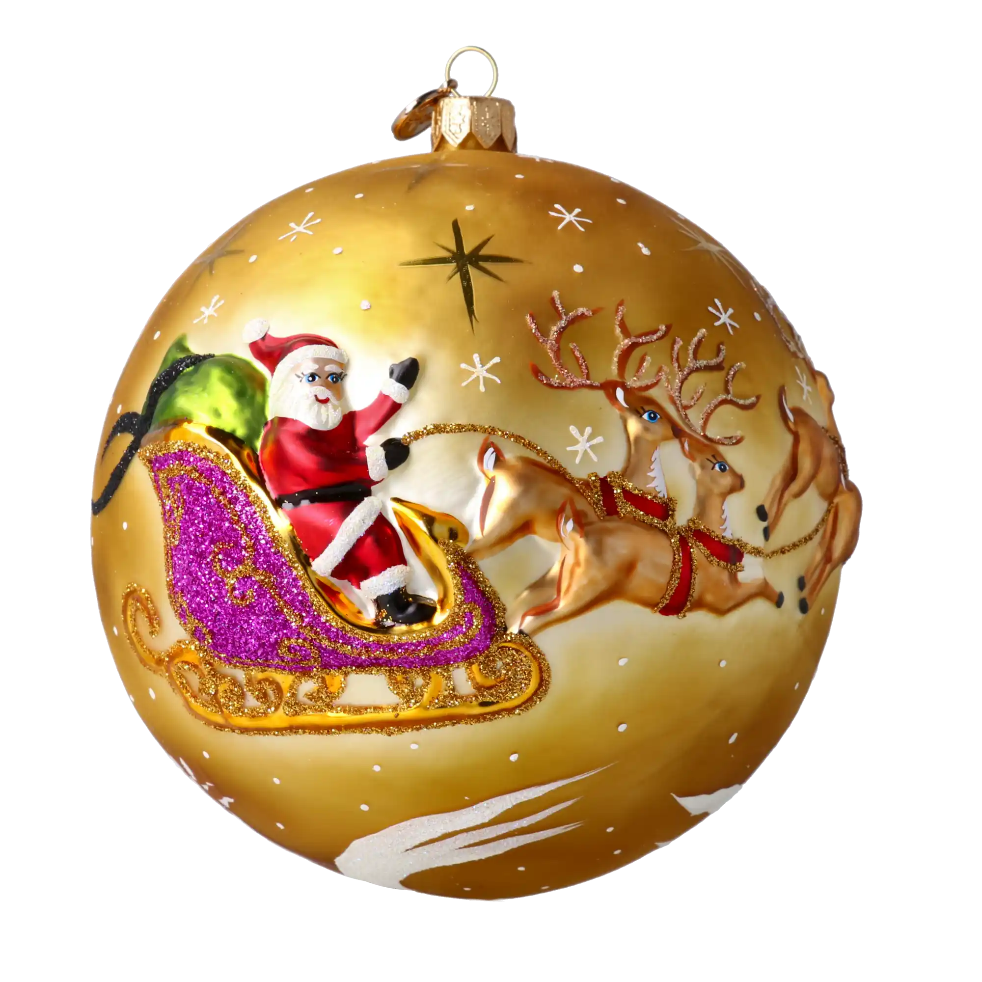 Złoty zaprzęg Mikołaja Z Reniferami Szklana Ozdoba