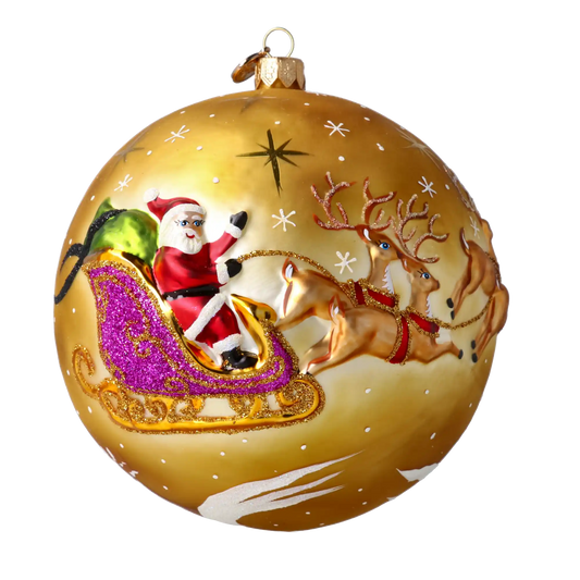 Złoty zaprzęg Mikołaja Z Reniferami Szklana Ozdoba